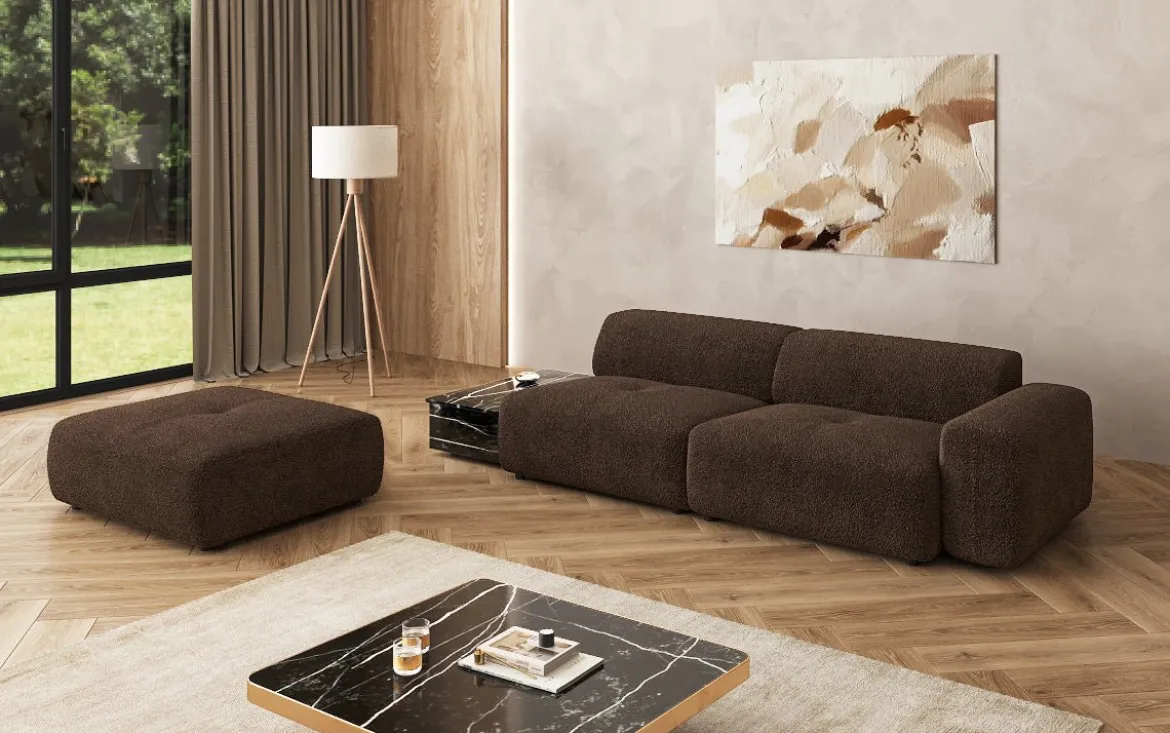 Designer Sofa Calm 3 Sitzer mit Beistellhocker und Beistelltisch in Bouclé