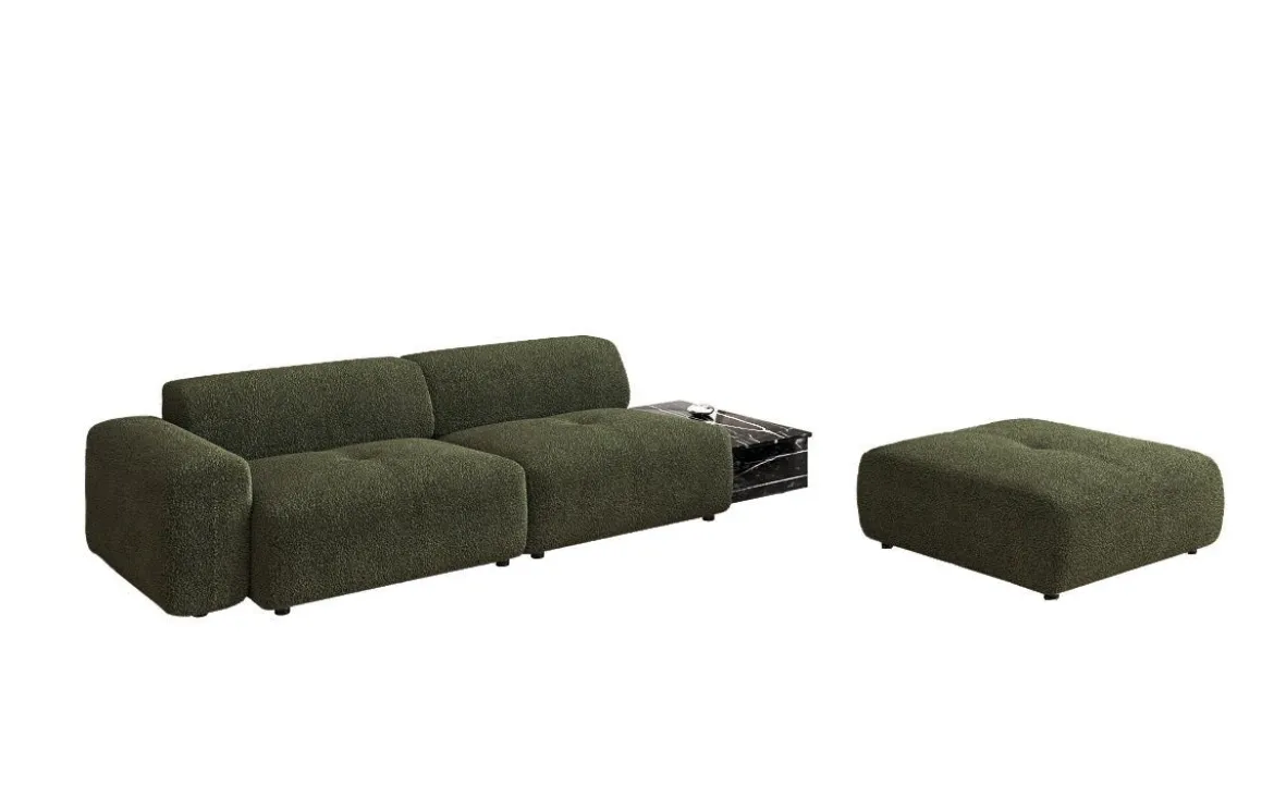 Designer Sofa Calm 3 Sitzer mit Beistellhocker und Beistelltisch in Bouclé