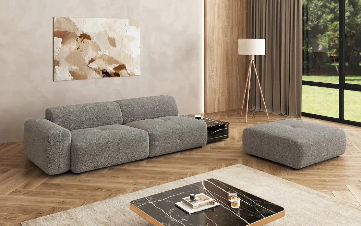 Designer Sofa Calm 3 Sitzer mit Beistellhocker und Beistelltisch in Bouclé
