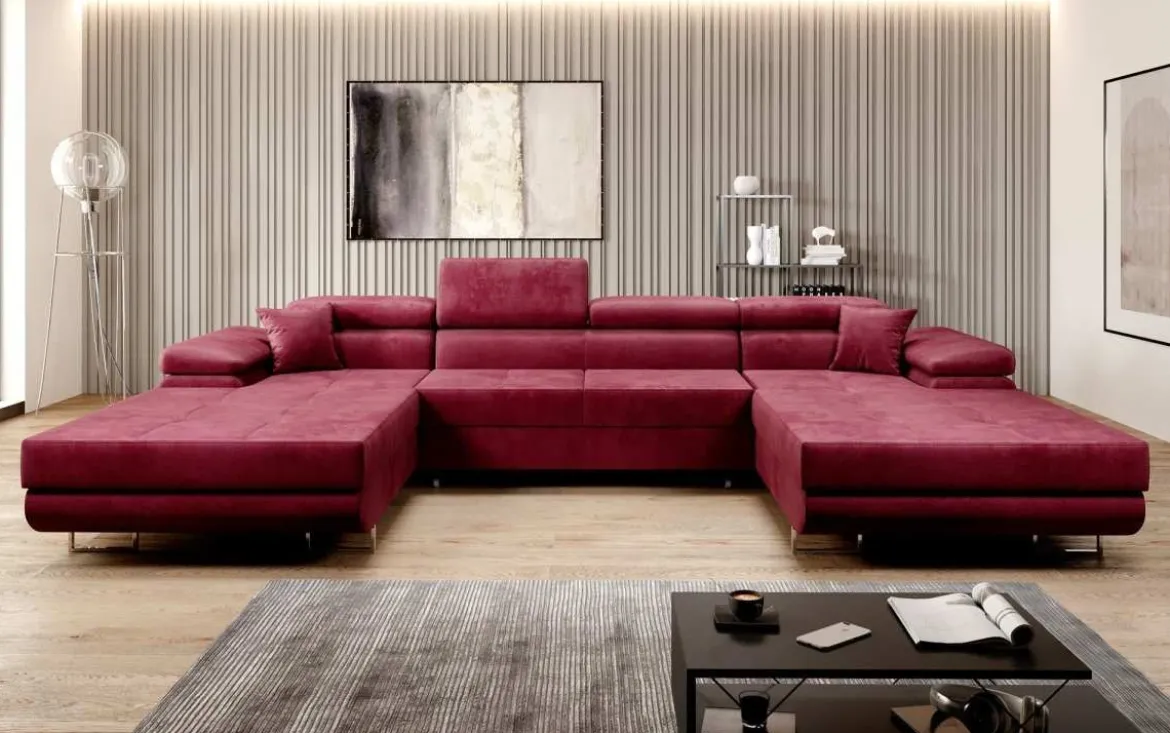 Designer Sofa Calvera U mit Schlaf- und Klappfunktion in Samt