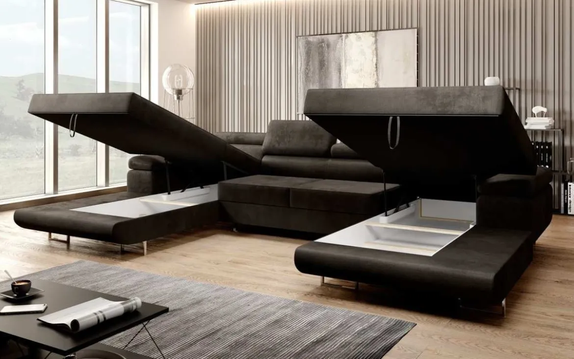 Designer Sofa Calvera U mit Schlaf- und Klappfunktion in Samt