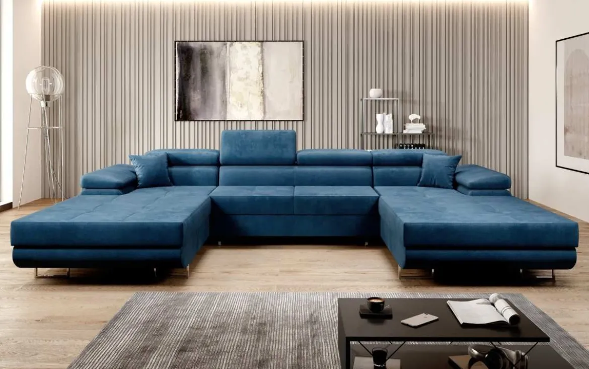 Designer Sofa Calvera U mit Schlaf- und Klappfunktion in Samt