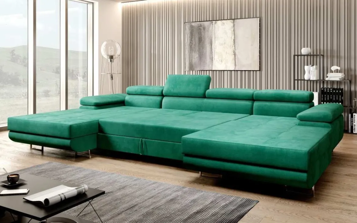 Designer Sofa Calvera U mit Schlaf- und Klappfunktion in Samt