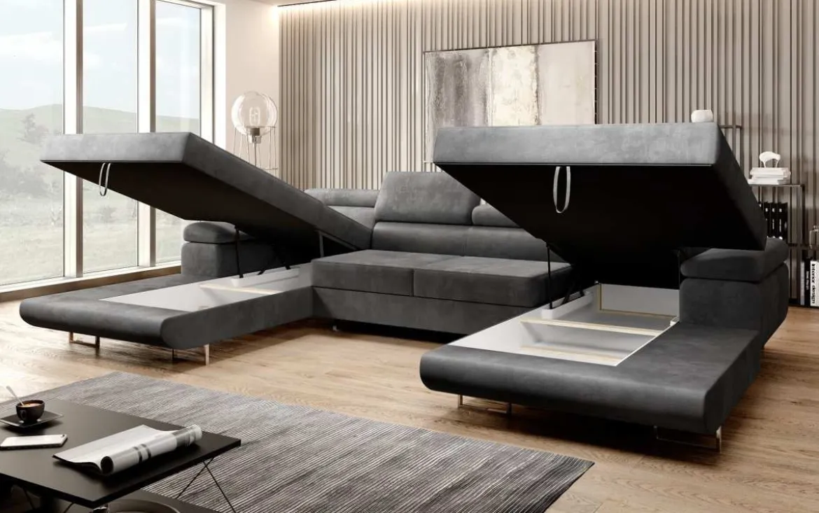 Designer Sofa Calvera U mit Schlaf- und Klappfunktion in Samt