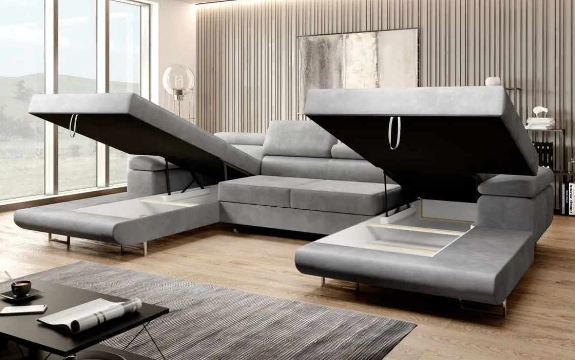 Designer Sofa Calvera U mit Schlaf- und Klappfunktion in Samt