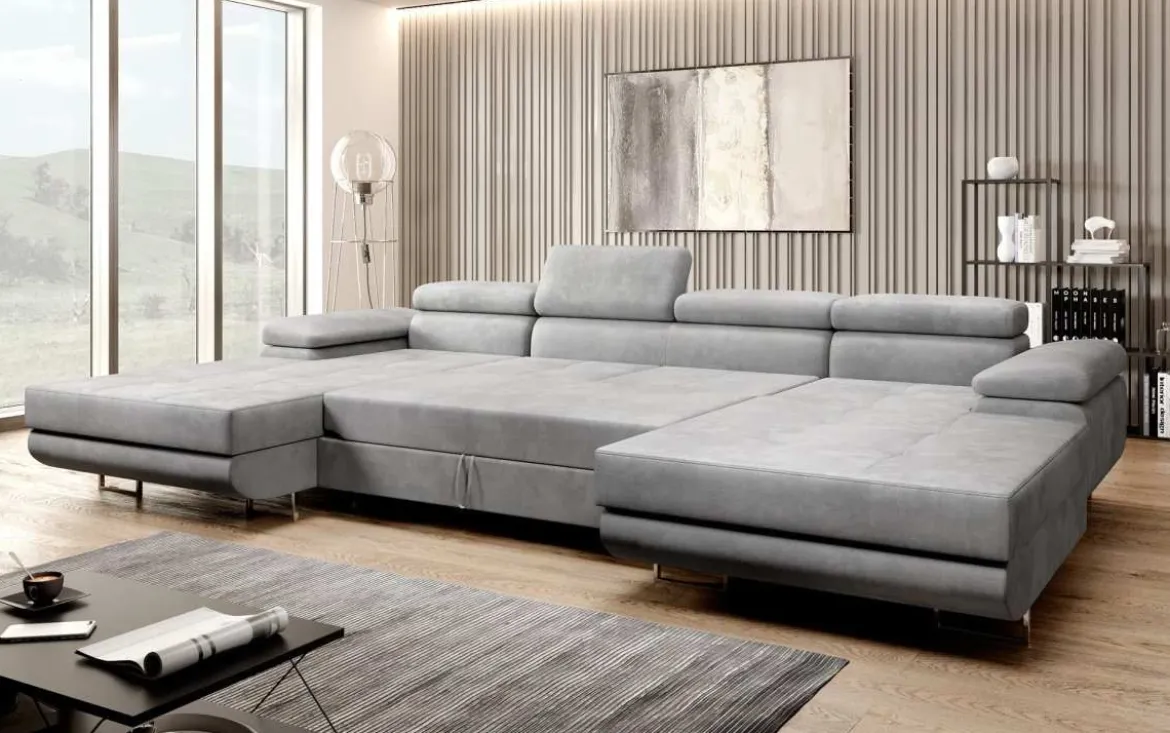 Designer Sofa Calvera U mit Schlaf- und Klappfunktion in Samt