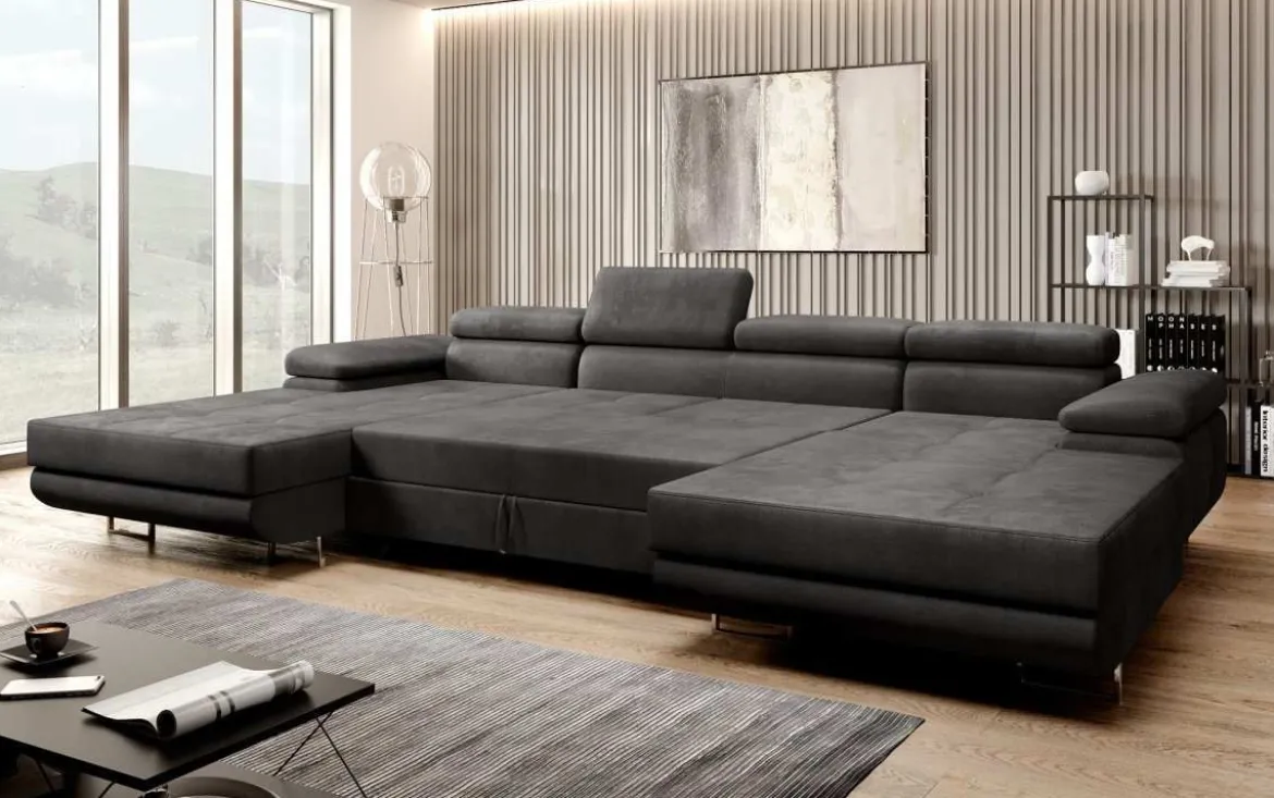 Designer Sofa Calvera U mit Schlaf- und Klappfunktion in Samt