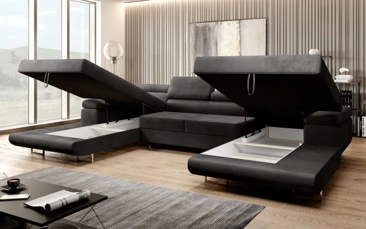 Designer Sofa Calvera U mit Schlaf- und Klappfunktion in Samt