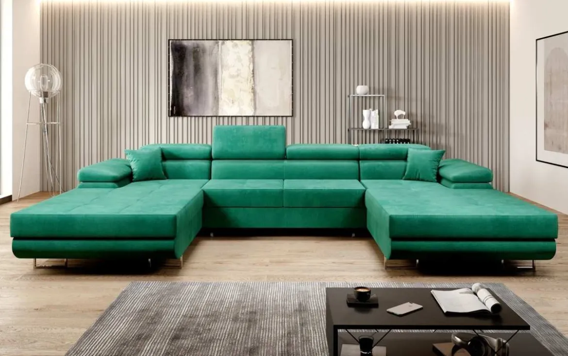 Designer Sofa Calvera U mit Schlaf- und Klappfunktion in Samt