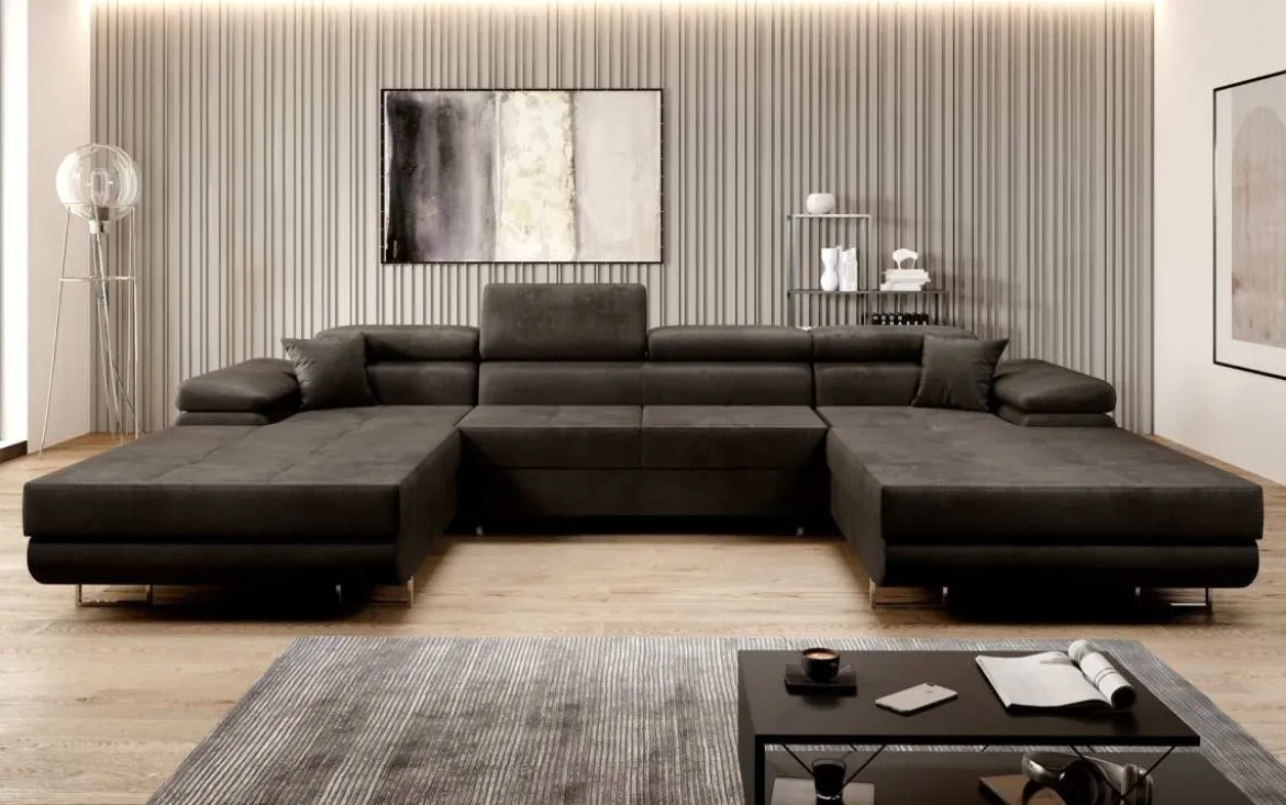 Designer Sofa Calvera U mit Schlaf- und Klappfunktion in Samt