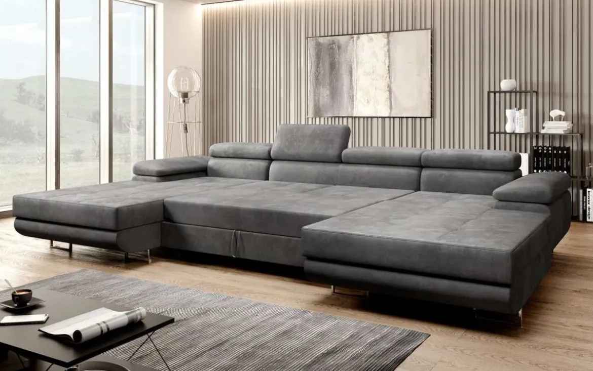 Designer Sofa Calvera U mit Schlaf- und Klappfunktion in Samt