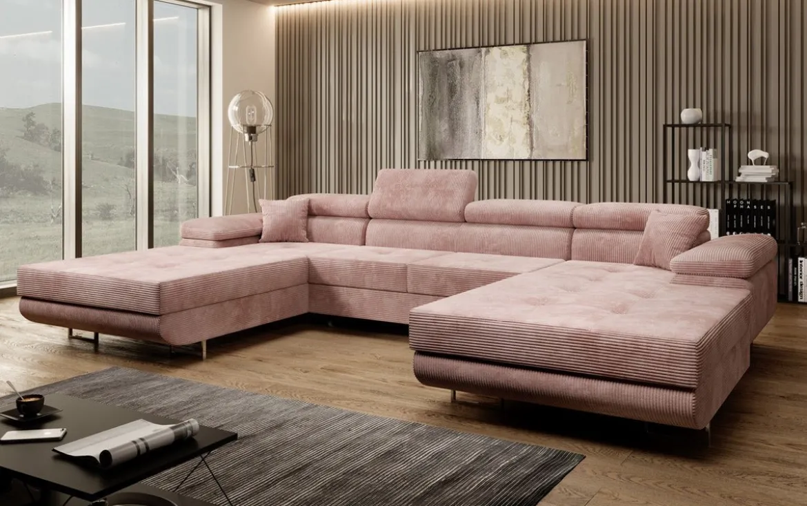 Designer Sofa Calvera U mit Schlaf- und Klappfunktion in Cord