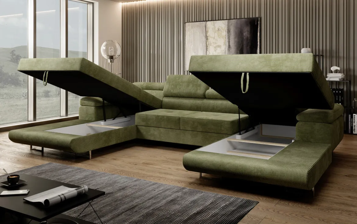 Designer Sofa Calvera U mit Schlaf- und Klappfunktion in Cord