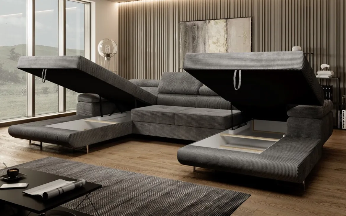 Designer Sofa Calvera U mit Schlaf- und Klappfunktion in Cord