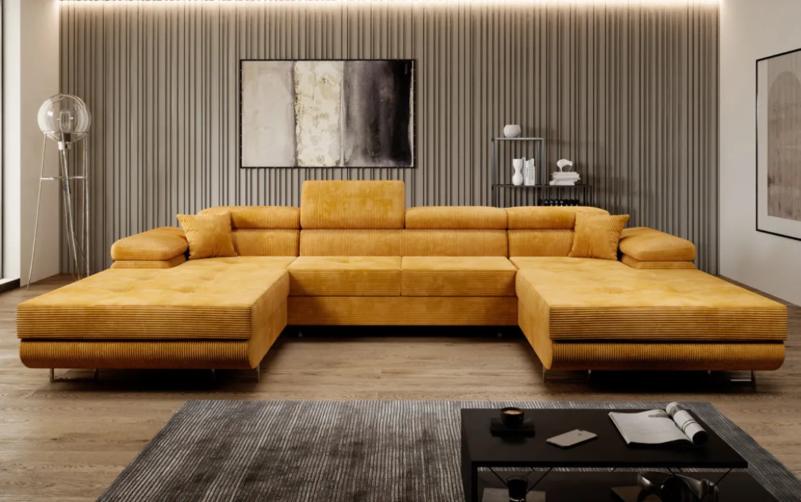 Designer Sofa Calvera U mit Schlaf- und Klappfunktion in Cord