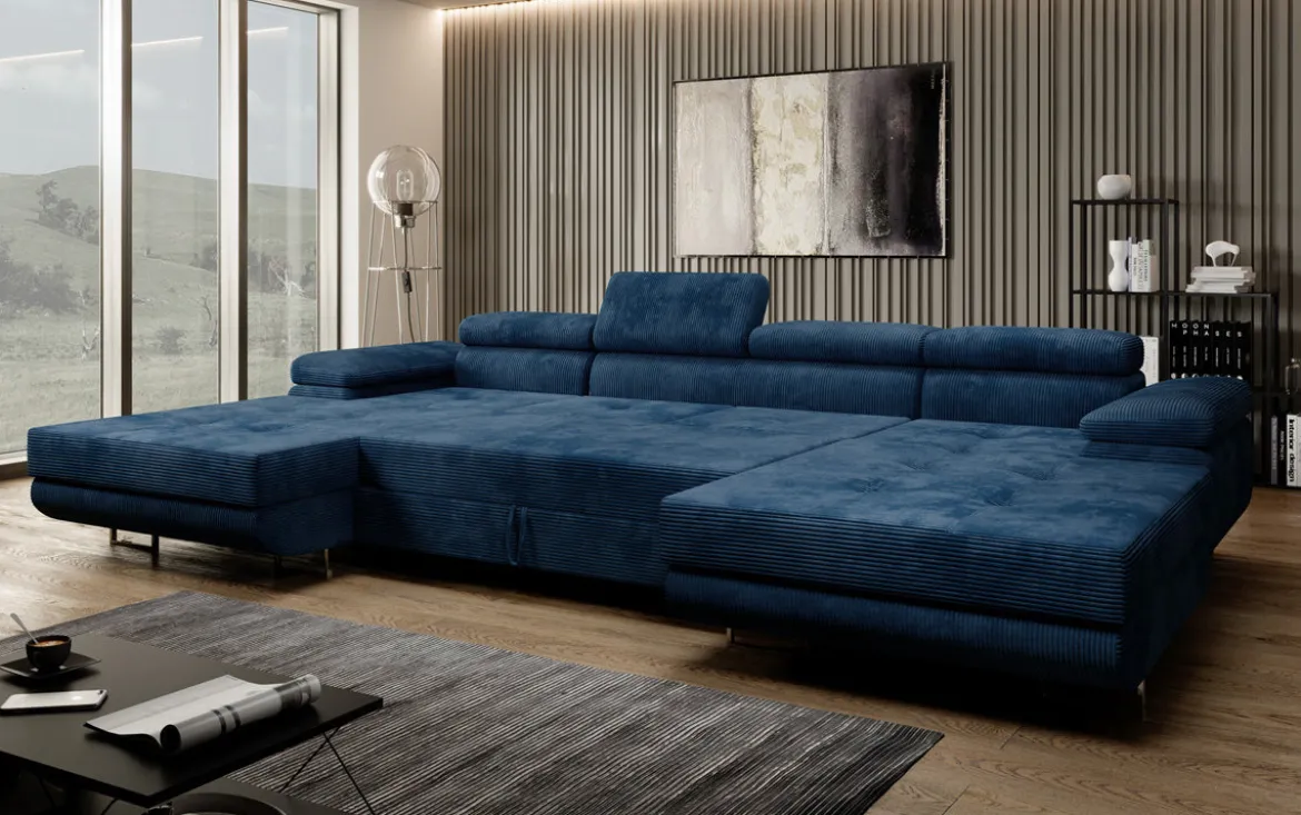Designer Sofa Calvera U mit Schlaf- und Klappfunktion in Cord
