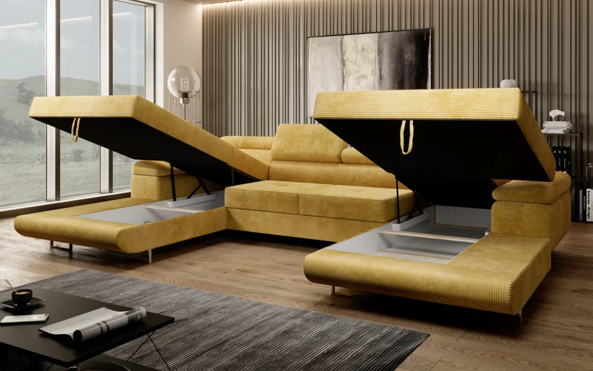 Designer Sofa Calvera U mit Schlaf- und Klappfunktion in Cord