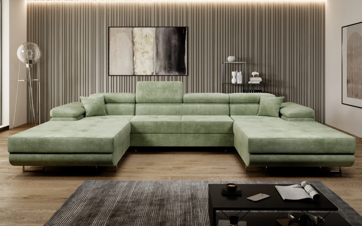 Designer Sofa Calvera U mit Schlaf- und Klappfunktion in Cord