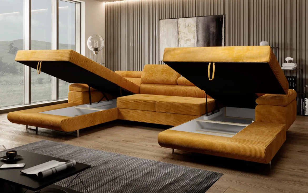 Designer Sofa Calvera U mit Schlaf- und Klappfunktion in Cord