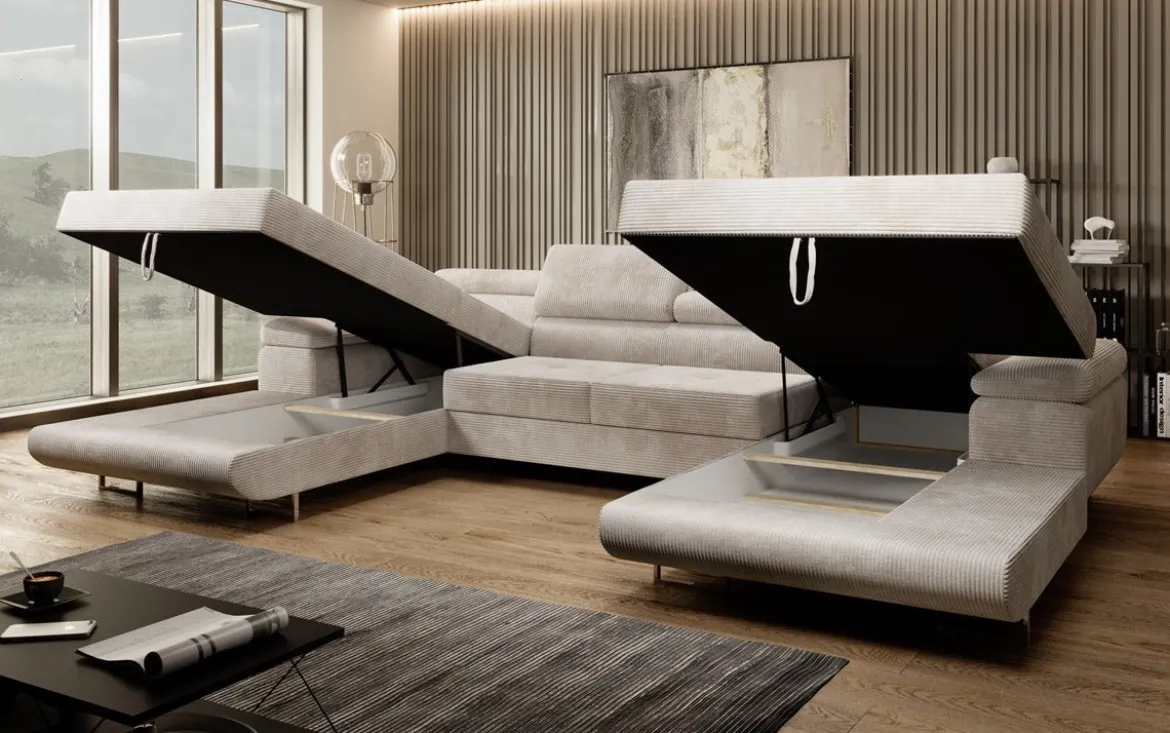 Designer Sofa Calvera U mit Schlaf- und Klappfunktion in Cord