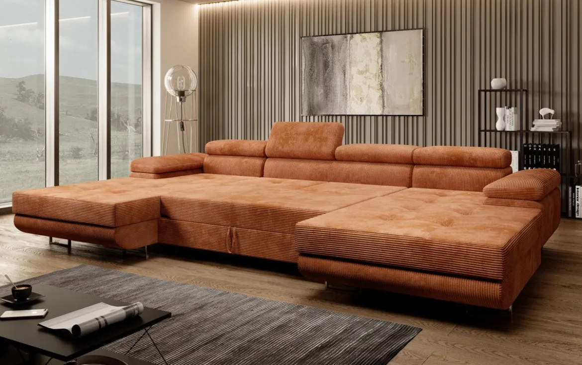 Designer Sofa Calvera U mit Schlaf- und Klappfunktion in Cord