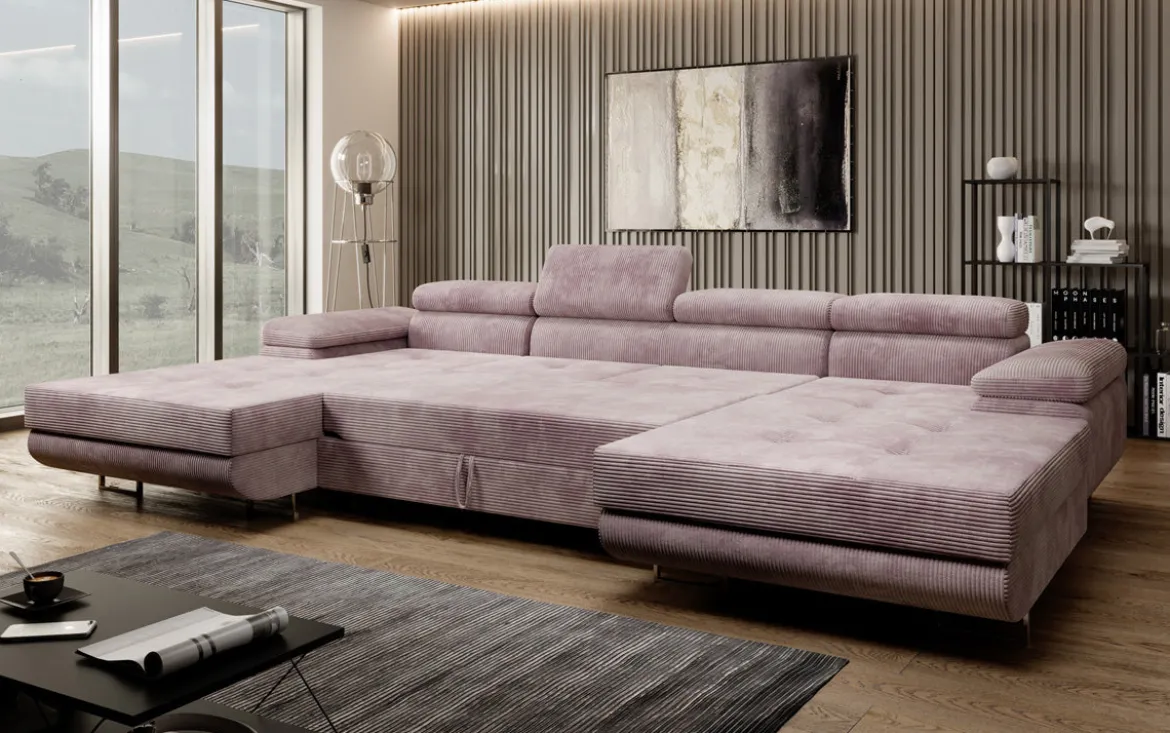 Designer Sofa Calvera U mit Schlaf- und Klappfunktion in Cord