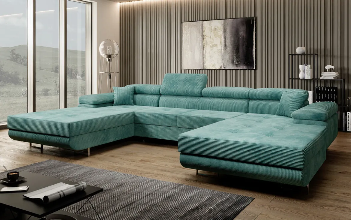 Designer Sofa Calvera U mit Schlaf- und Klappfunktion in Cord