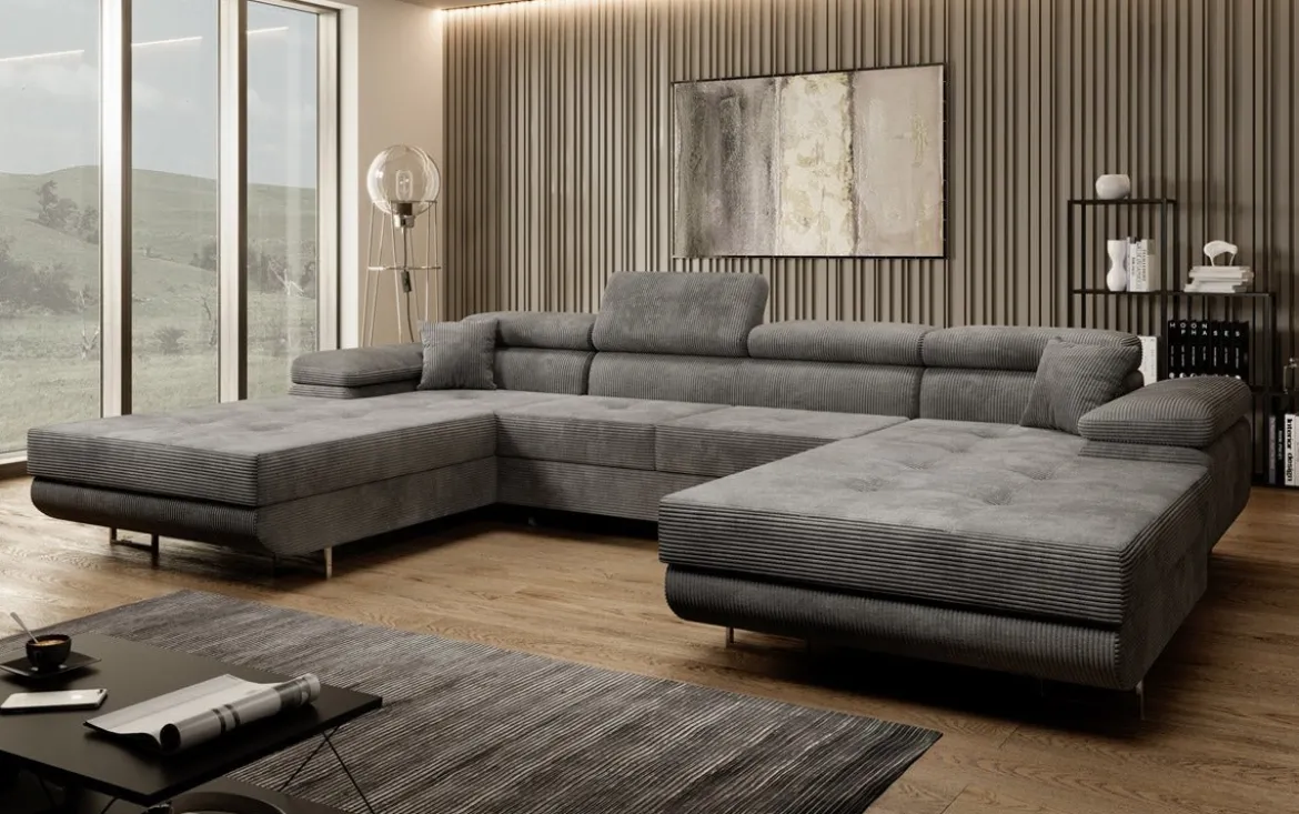 Designer Sofa Calvera U mit Schlaf- und Klappfunktion in Cord