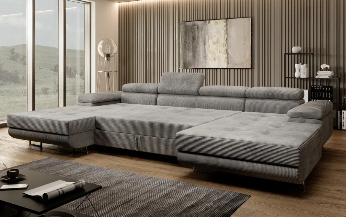 Designer Sofa Calvera U mit Schlaf- und Klappfunktion in Cord
