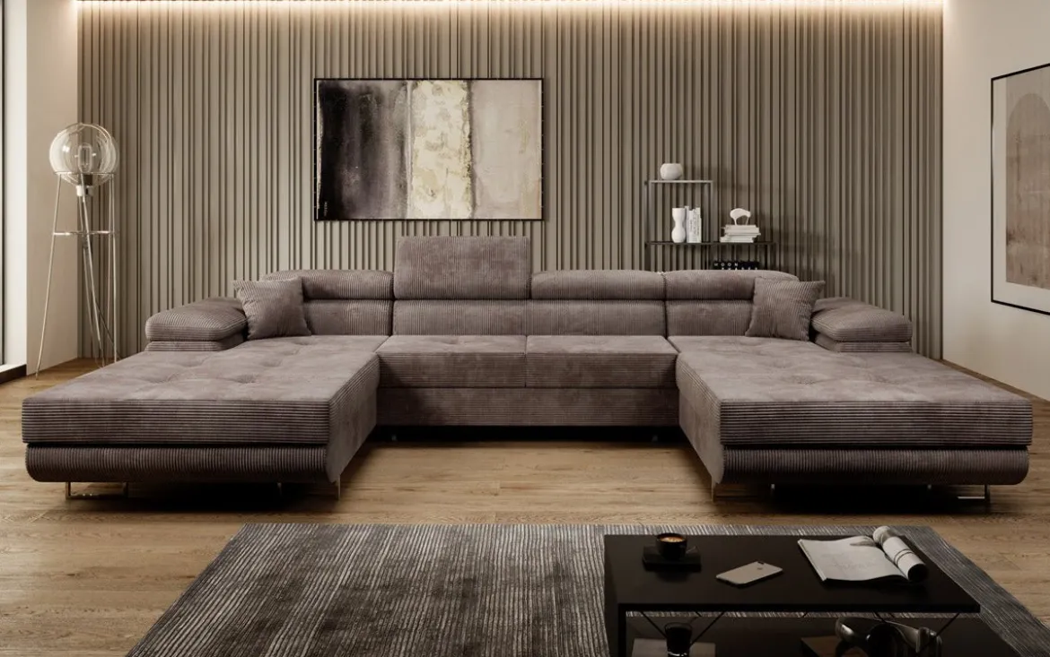 Designer Sofa Calvera U mit Schlaf- und Klappfunktion in Cord