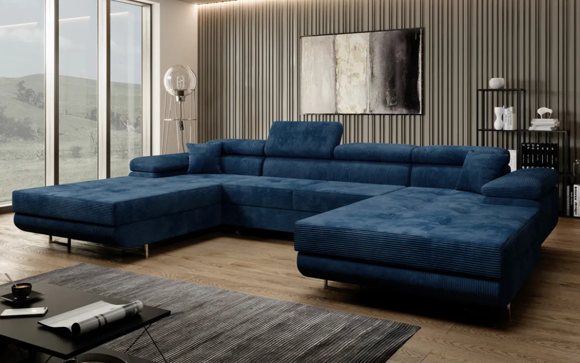 Designer Sofa Calvera U mit Schlaf- und Klappfunktion in Cord
