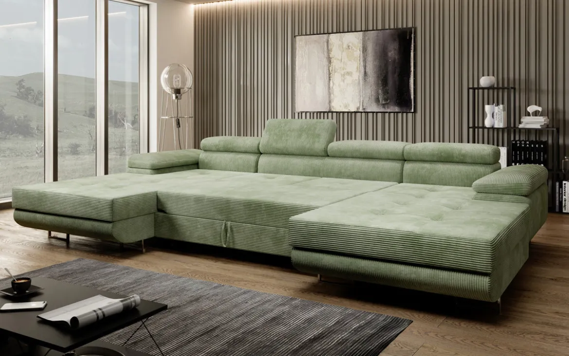 Designer Sofa Calvera U mit Schlaf- und Klappfunktion in Cord