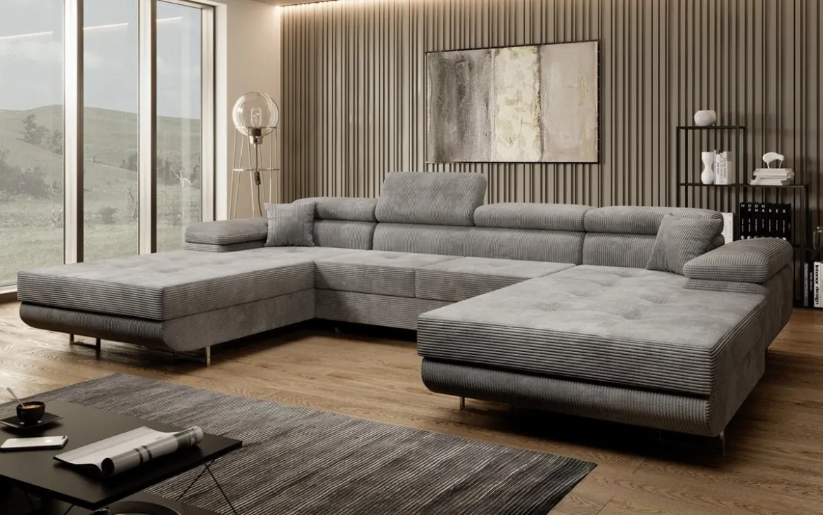 Designer Sofa Calvera U mit Schlaf- und Klappfunktion in Cord