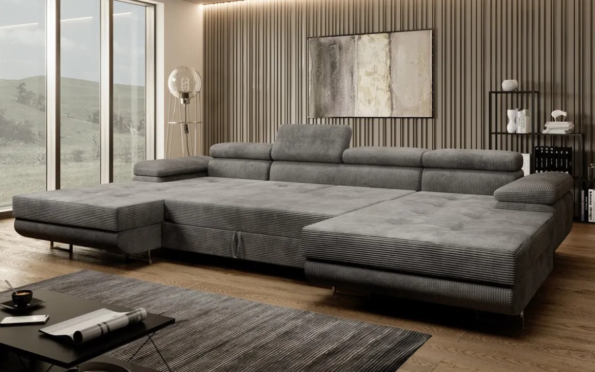 Designer Sofa Calvera U mit Schlaf- und Klappfunktion in Cord