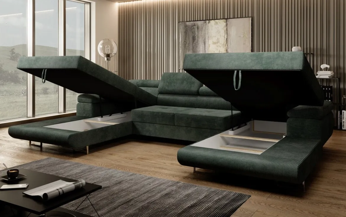 Designer Sofa Calvera U mit Schlaf- und Klappfunktion in Cord