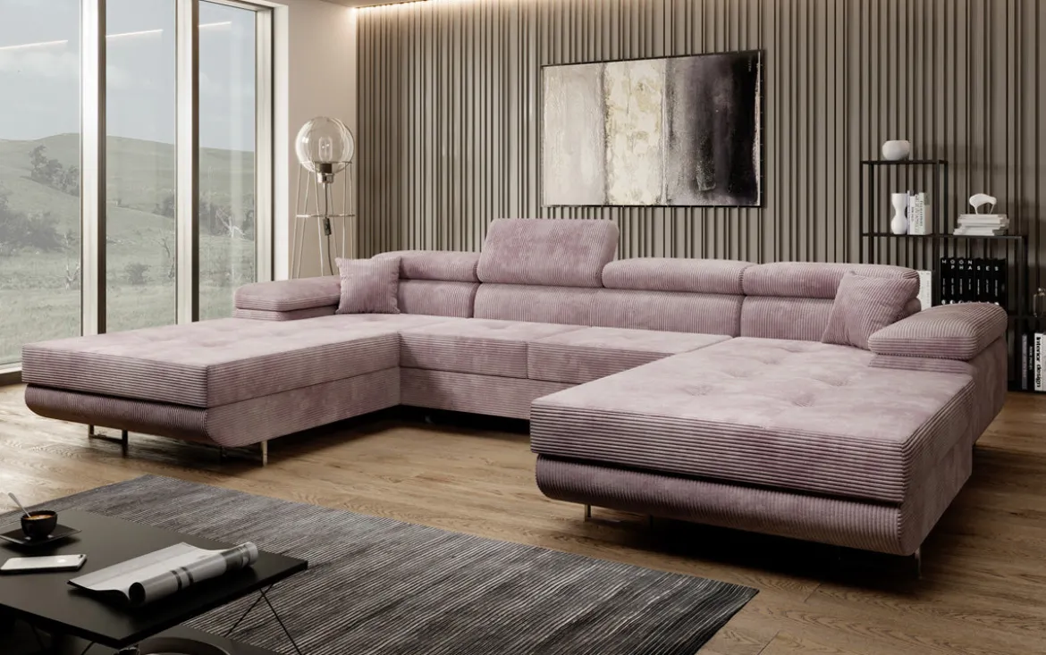Designer Sofa Calvera U mit Schlaf- und Klappfunktion in Cord