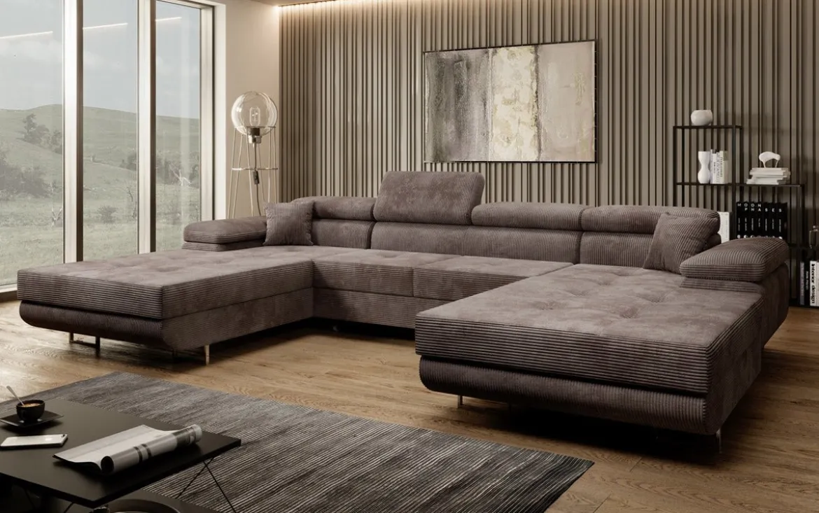 Designer Sofa Calvera U mit Schlaf- und Klappfunktion in Cord