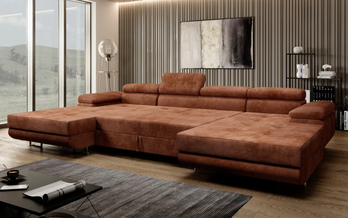 Designer Sofa Calvera U mit Schlaf- und Klappfunktion in Cord