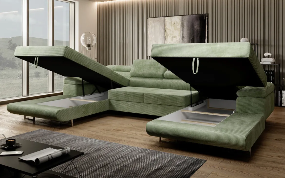 Designer Sofa Calvera U mit Schlaf- und Klappfunktion in Cord