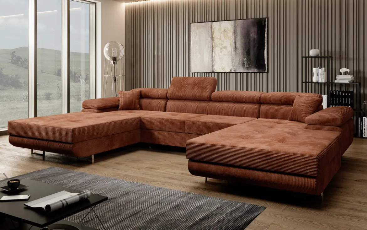Designer Sofa Calvera U mit Schlaf- und Klappfunktion in Cord