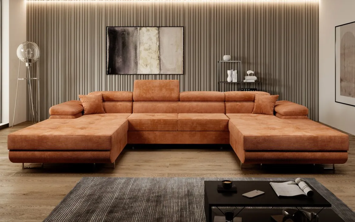 Designer Sofa Calvera U mit Schlaf- und Klappfunktion in Cord