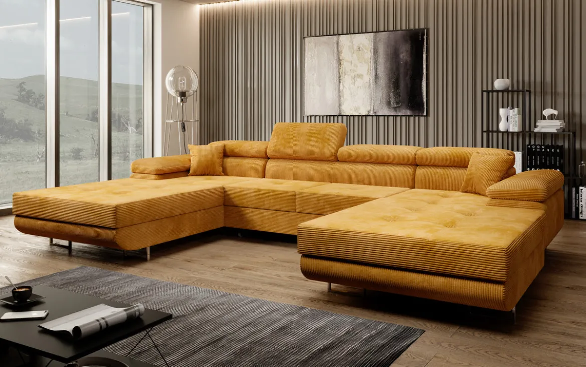 Designer Sofa Calvera U mit Schlaf- und Klappfunktion in Cord