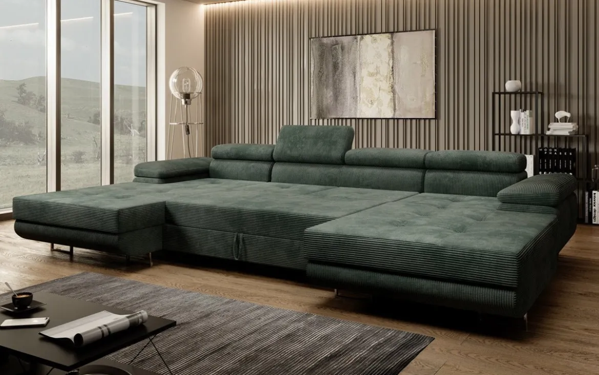 Designer Sofa Calvera U mit Schlaf- und Klappfunktion in Cord