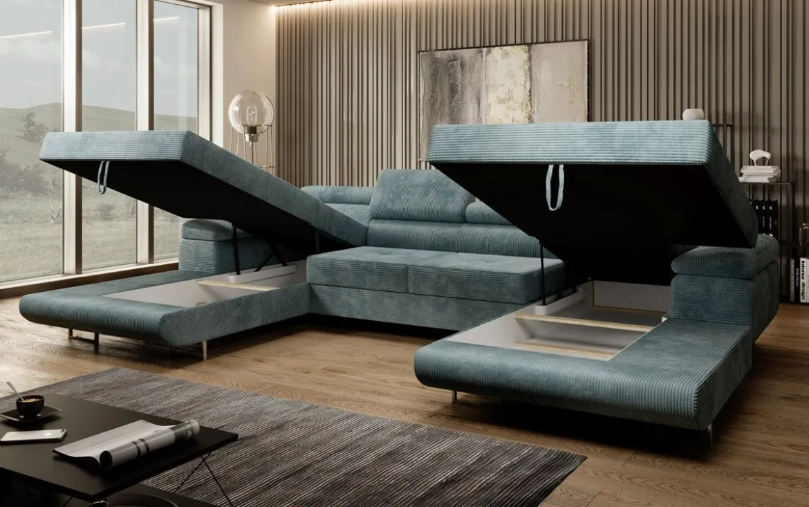 Designer Sofa Calvera U mit Schlaf- und Klappfunktion in Cord
