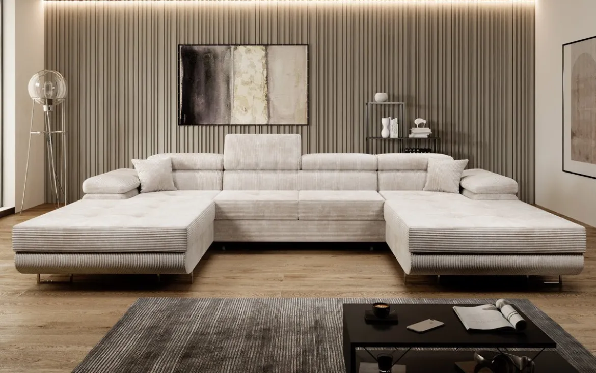 Designer Sofa Calvera U mit Schlaf- und Klappfunktion in Cord