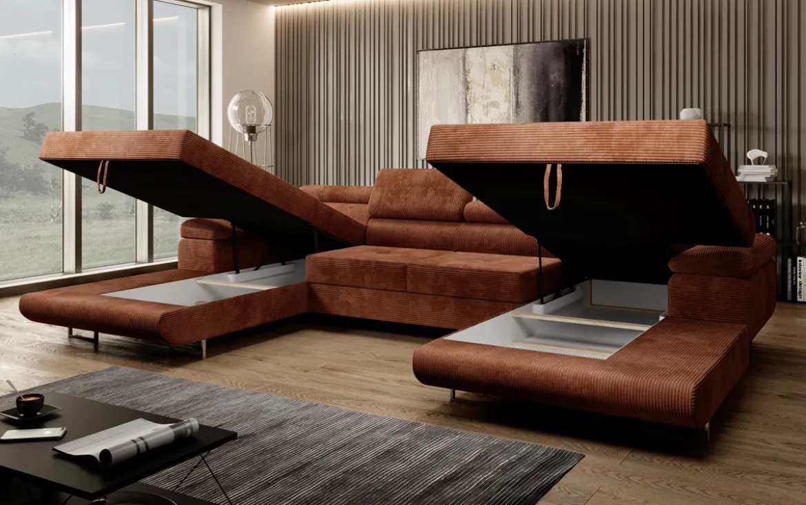 Designer Sofa Calvera U mit Schlaf- und Klappfunktion in Cord