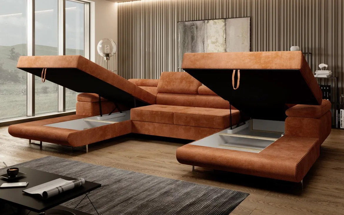 Designer Sofa Calvera U mit Schlaf- und Klappfunktion in Cord