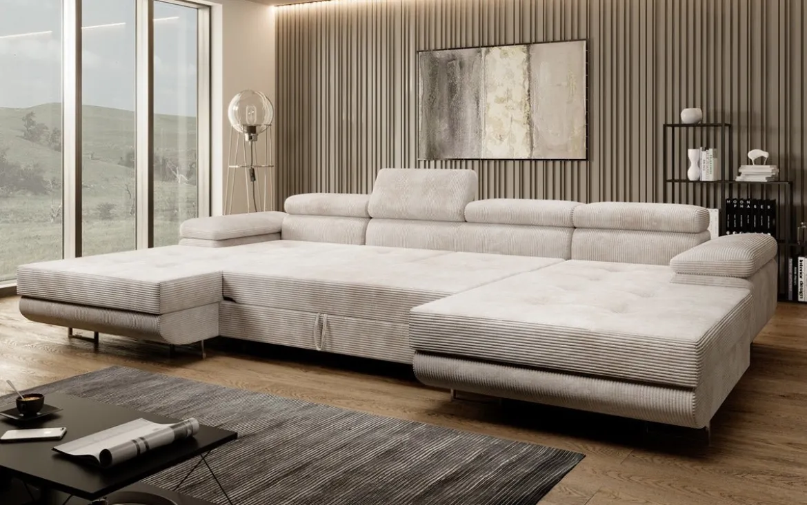 Designer Sofa Calvera U mit Schlaf- und Klappfunktion in Cord