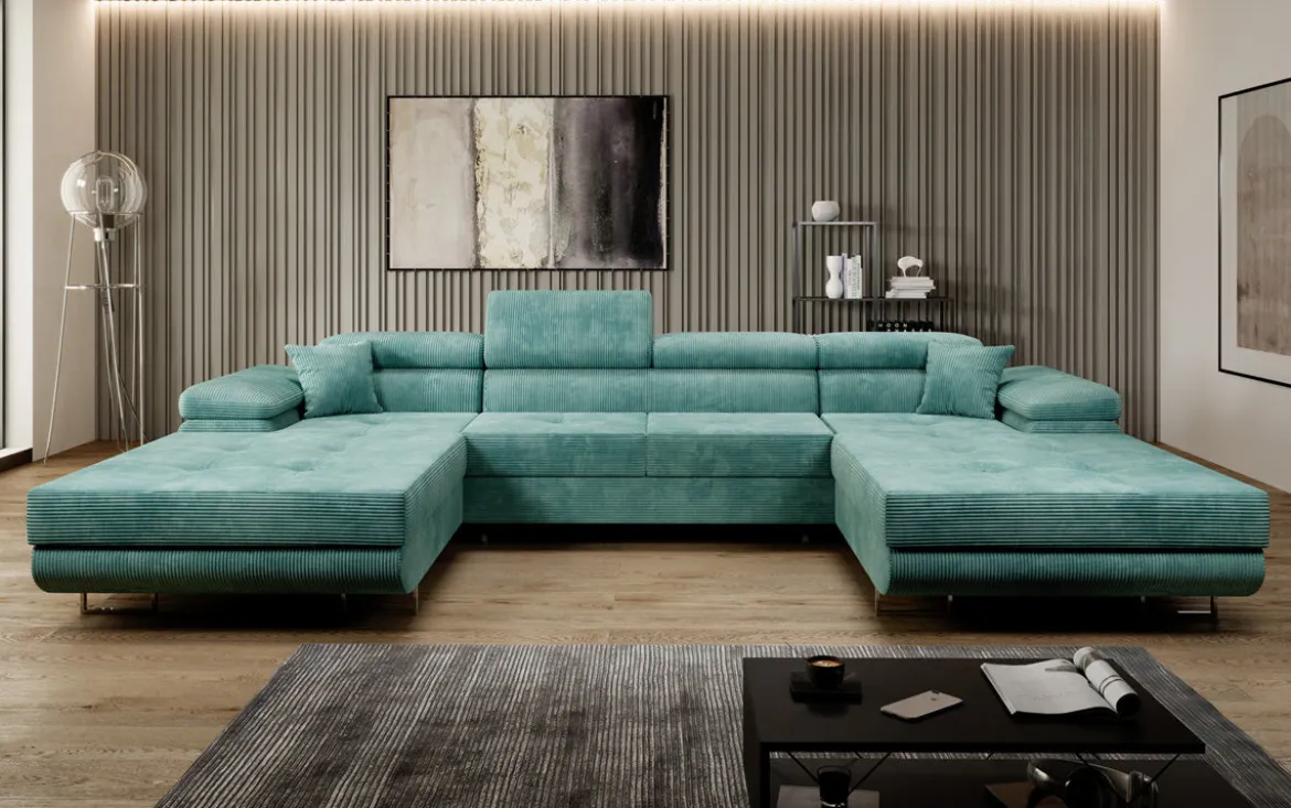Designer Sofa Calvera U mit Schlaf- und Klappfunktion in Cord