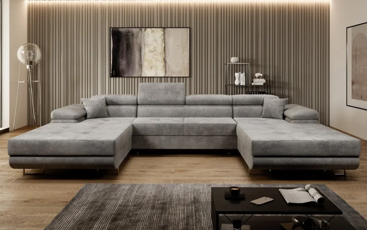 Designer Sofa Calvera U mit Schlaf- und Klappfunktion in Cord